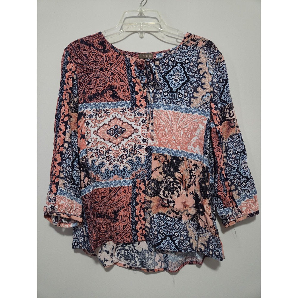 Crosby Womens Patchwork Paisley Floral Peasant Blouse Blue Peach Rayon Large